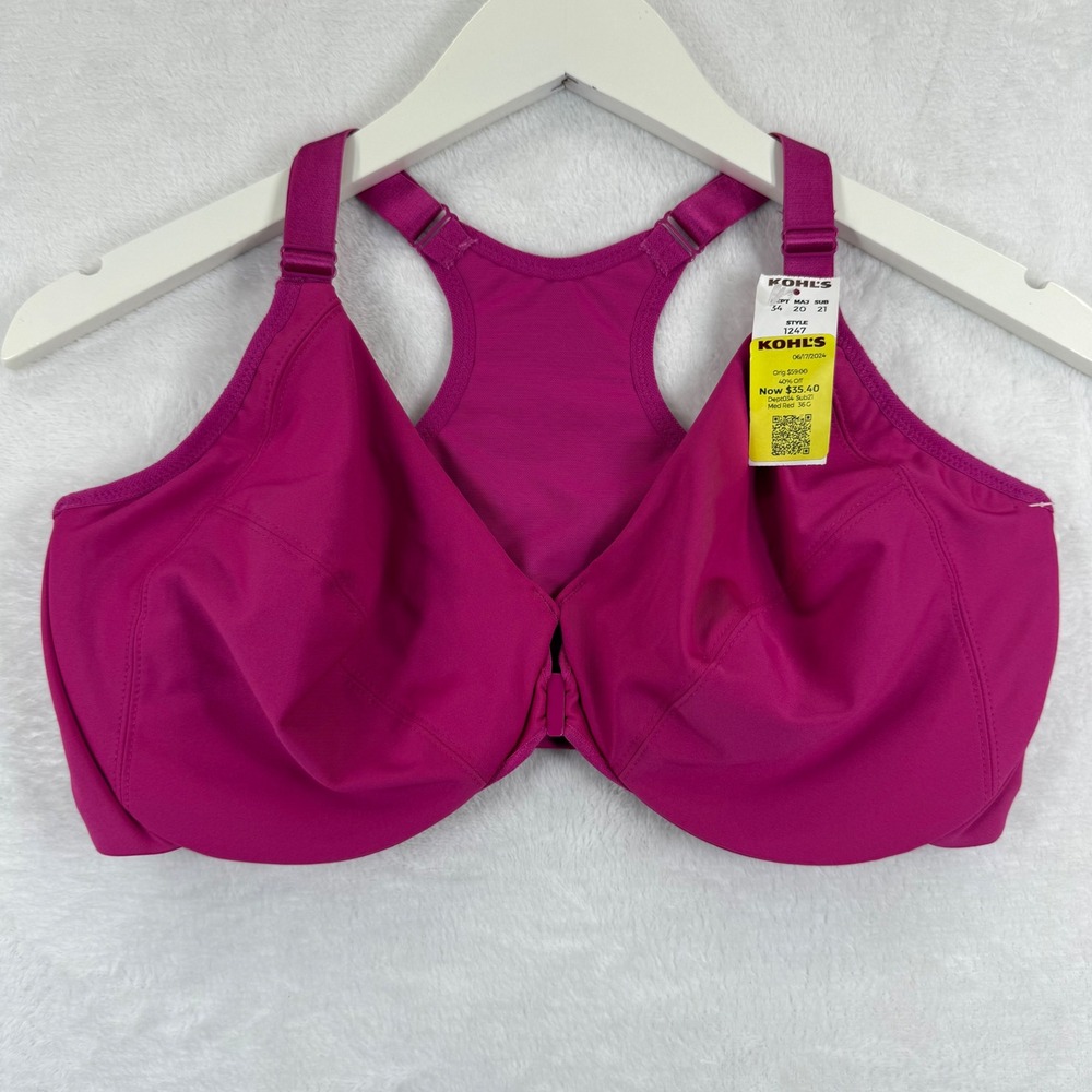 Glamorise 1247 Women Magenta Pink Front Closure Racerback Sport Bra‎ 36F NEW